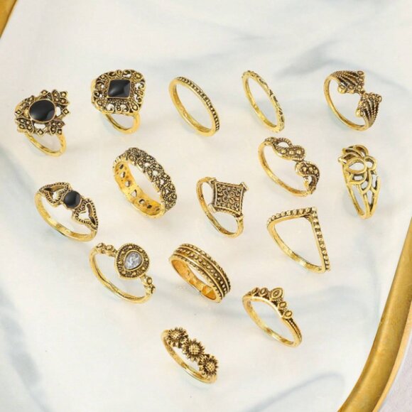 15pcs Vintage Flower & Leaf Gem Ring Set for Women - Picture 2 of 3